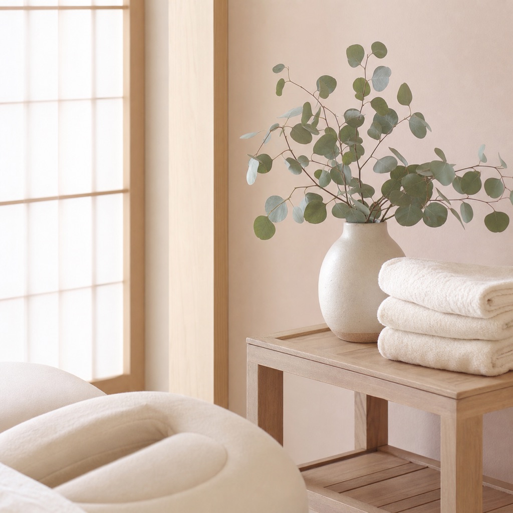 観葉植物とタオルが置かれた静かなプライベートルーム（イメージ）